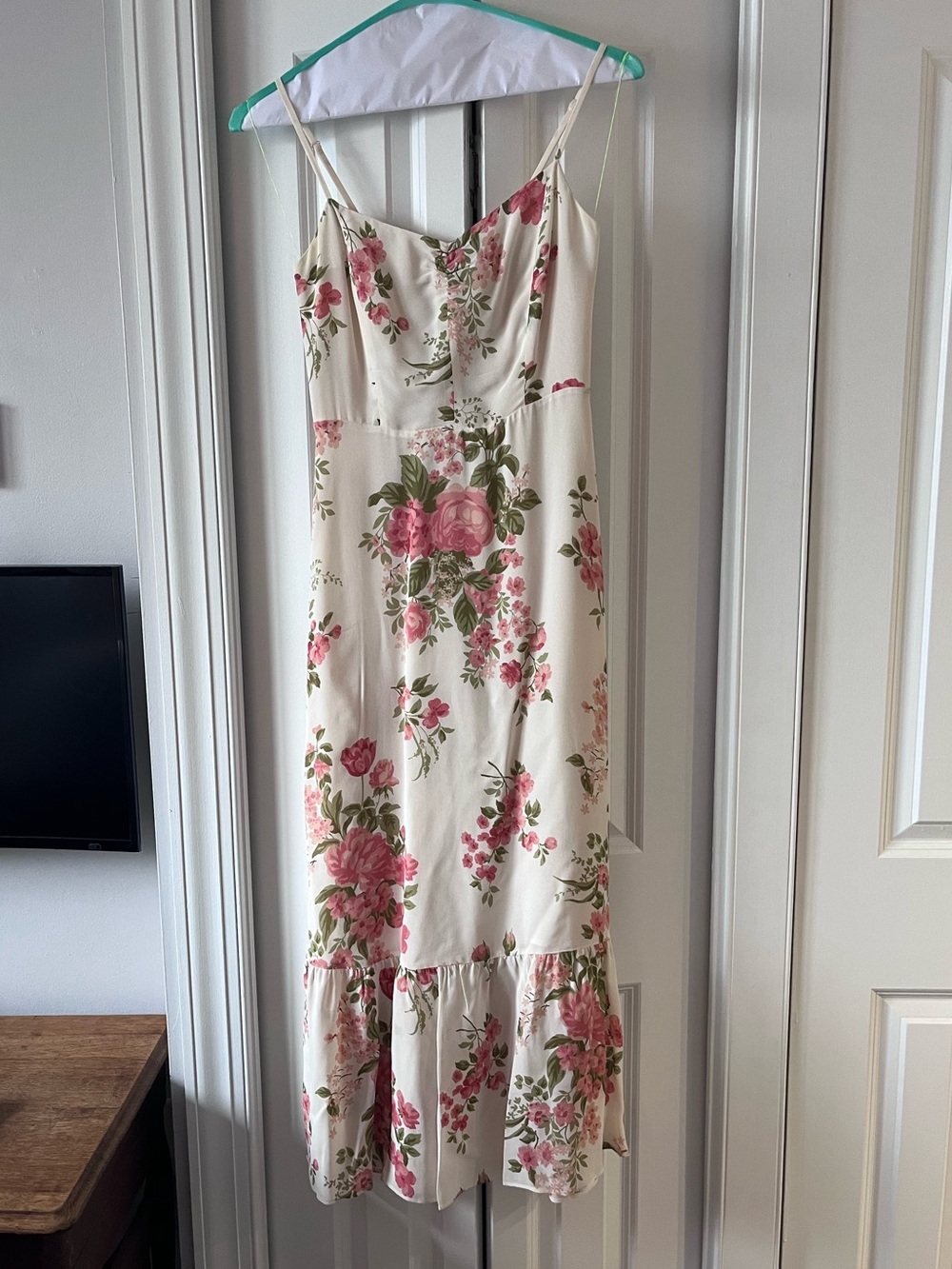 Reformation Cream Midi Dress with Pink Rose Print